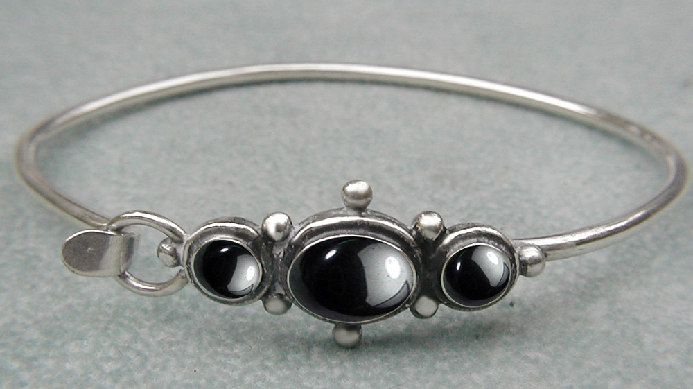 Sterling Silver Victorian Inspired Strap Latch Spring Hook Bangle Bracelet with Hematite